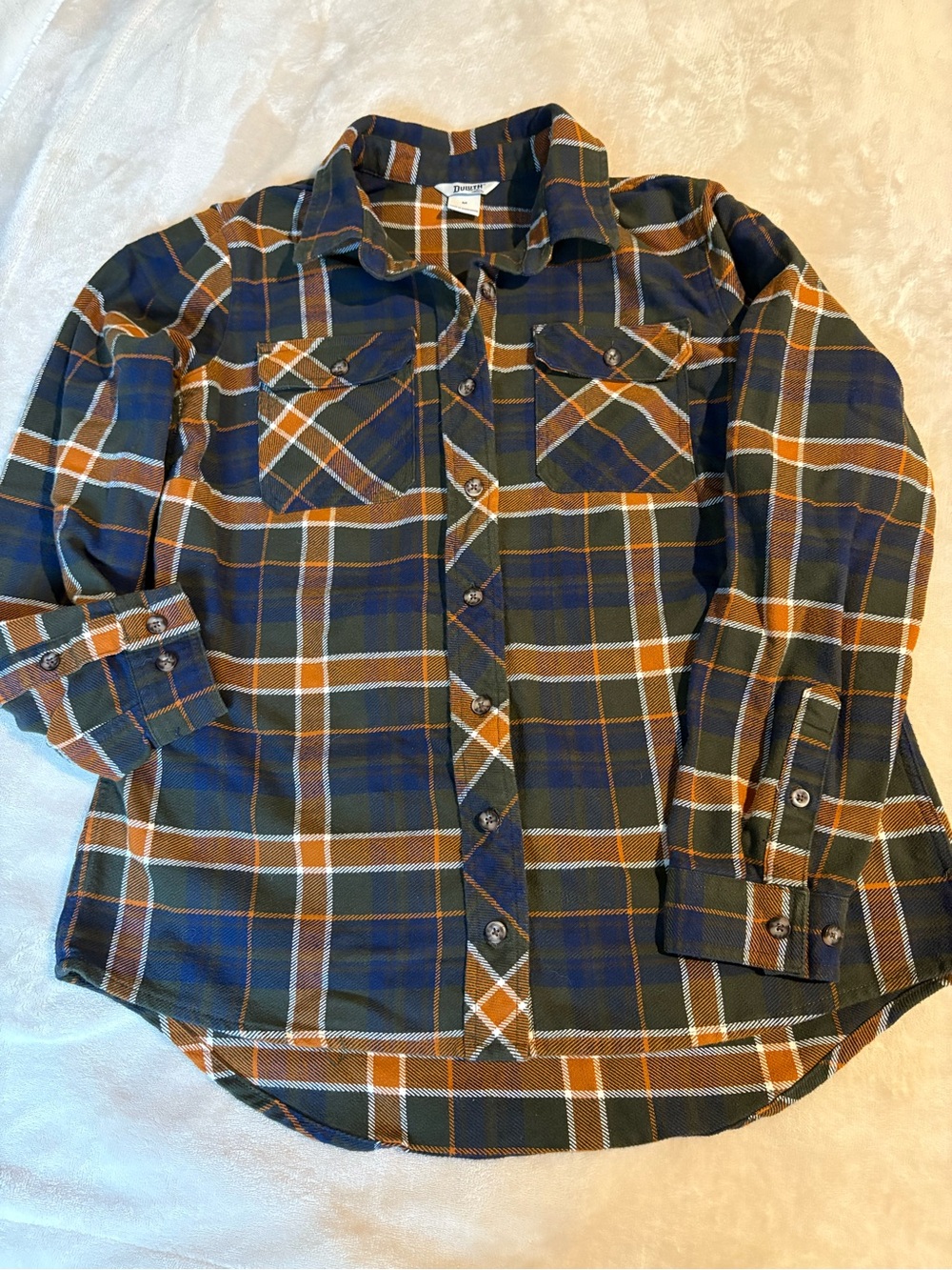 Duluth Trading Co Plaid Button-Down Shirt in Navy, Olive & Rust
